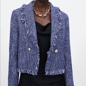 NWT Zara Size L Tweed Frayed Trim Blazer